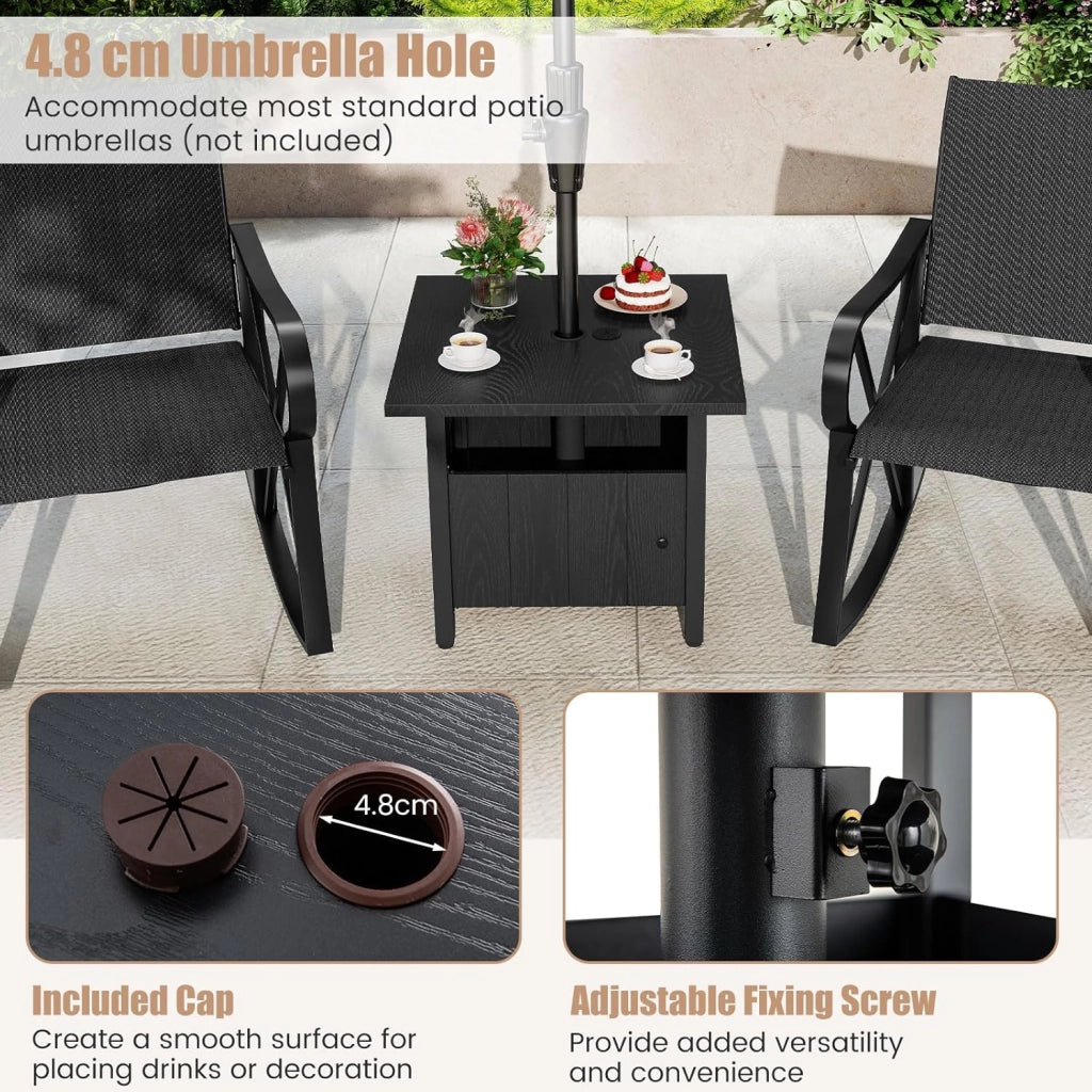 Tavolo da giardino con foro per ombrellone da 4,8 cm, tavolino quadrato con 2 sacchi di sabbia, piedini regolabili e deposito per terrazza, giardino, nero
