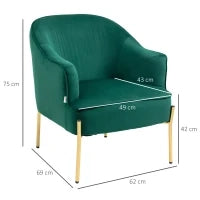 Poltrona da Camera da Letto in Tessuto Effetto Velluto con Gambe in Acciaio, 62x69x75 cm, Verde