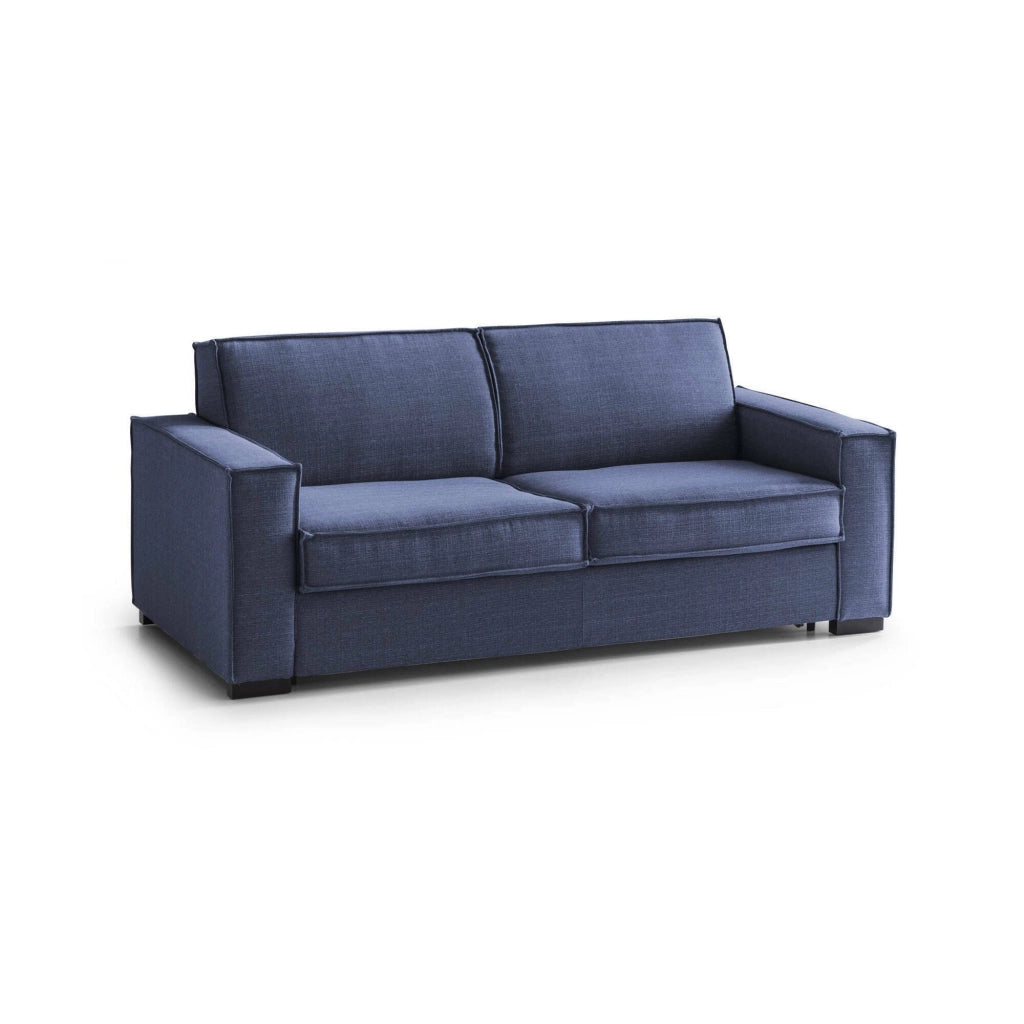 Divano Letto Alano, Divano a 2 posti, Made in Italy, SofÒ  Soggiorno con apertura girevole, in tessuto imbottito, con Braccioli standard, cm 180x95h90, Blu