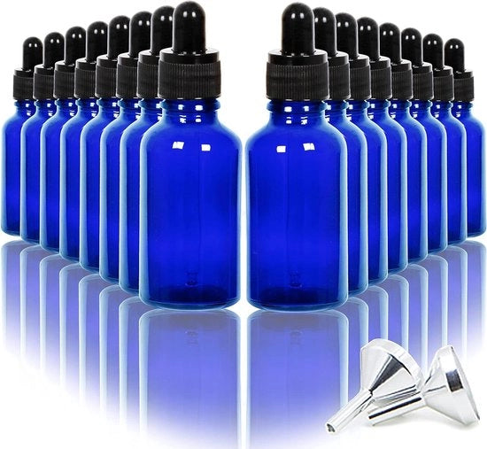 16 pezzi 30ML flaconi di vetro per gocce - contenitore per oli essenziali - con 2 minitrasformatori in acciaio inossidabile - blu