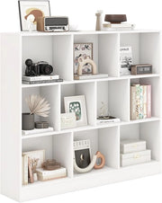 Libreria a 10 Cubi, Organizzatore di Stoccaggio a 3 Ripiani con 2 Kit Anti-Ribaltamento, Scaffale Multiuso in Legno per Soggiorno Camera da Letto Ufficio, 120x24x104 cm (Bianco)