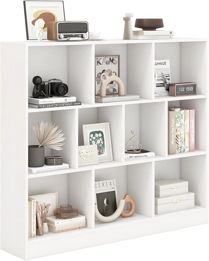 Libreria a 10 Cubi, Organizzatore di Stoccaggio a 3 Ripiani con 2 Kit Anti-Ribaltamento, Scaffale Multiuso in Legno per Soggiorno Camera da Letto Ufficio, 120x24x104 cm (Bianco)