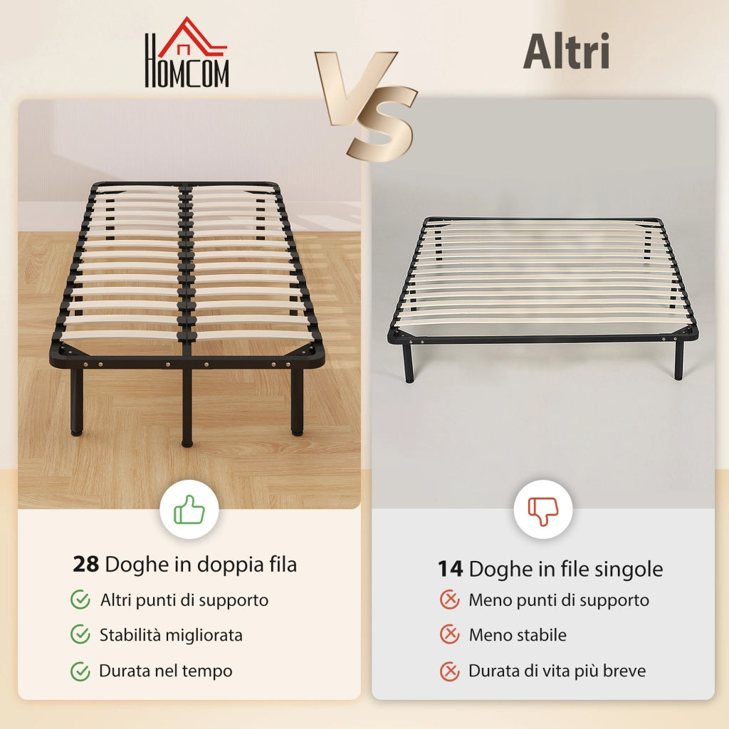 Rete Fissa Letto Singolo 190x90x31 cm a 28 Doghe con Spazio Sottostante in Legno e Acciaio Nero e Legno