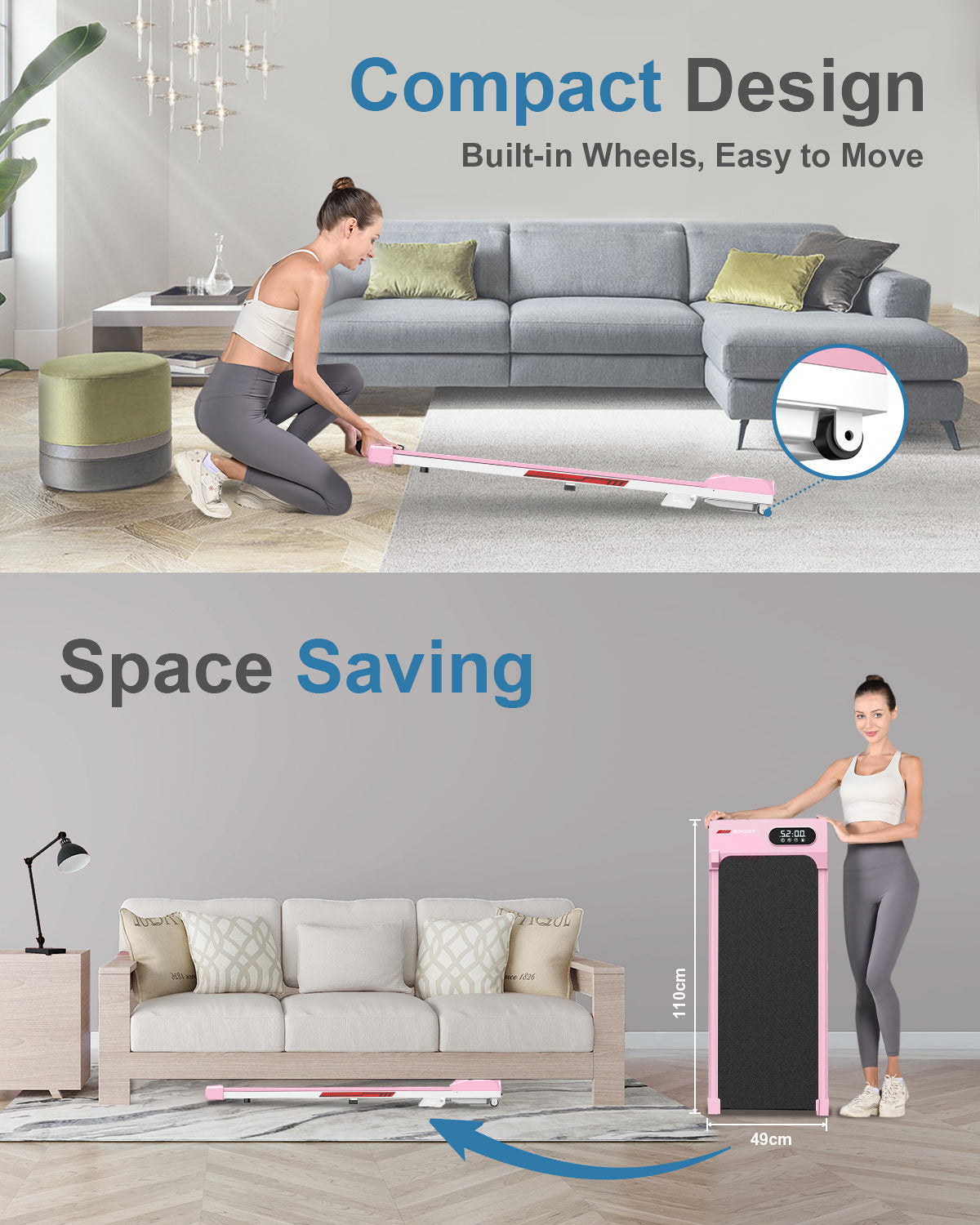 Tapis Roulant Elettrico con Inclinazione - RATTANTREE - 1-8 km/h Tapis Roulant Salvaspazio con Pendenza - 2 in 1 Walking Pad e Telecomando - Display a LED - Rosa