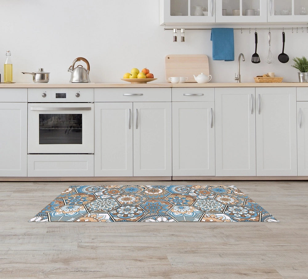 Tappeto Cucina Antiscivolo Made in Italy Passatoia Antimacchia Multiuso Corridoio Soggiorno Lavabile in Lavatrice - 50x200 - Esagoni celesti