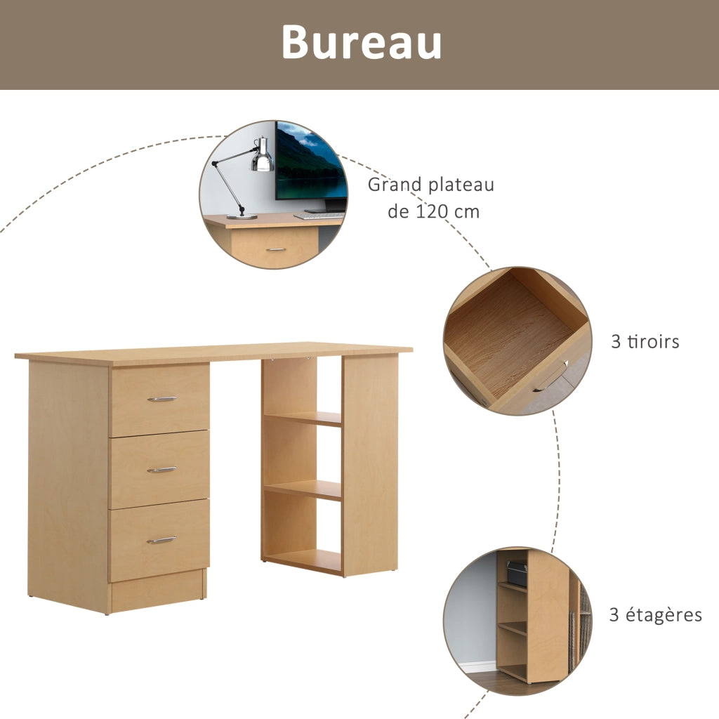 Scrivania con cassetti e ripiani, scrivania per computer ¨C Minimal ¨C 120x50 cm, legno chiaro