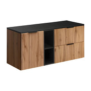 Set da bagno NOXERA 120 cm – Quercia wotan e nero opaco – piano per lavabo con cesto per la biancheria e nicchie