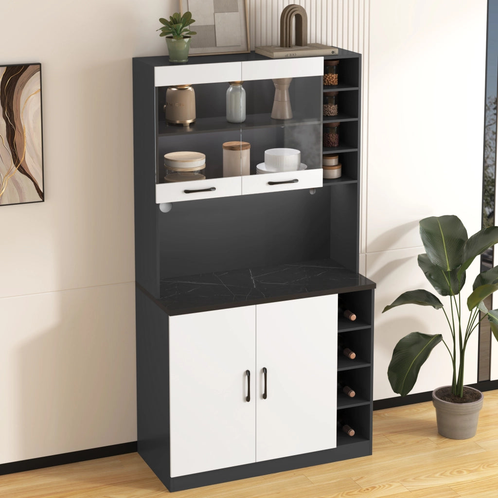 Credenza cucina moderna 100x47x187 cm con LED, ripiani regolabili e vano per microonde, bianco/grigio