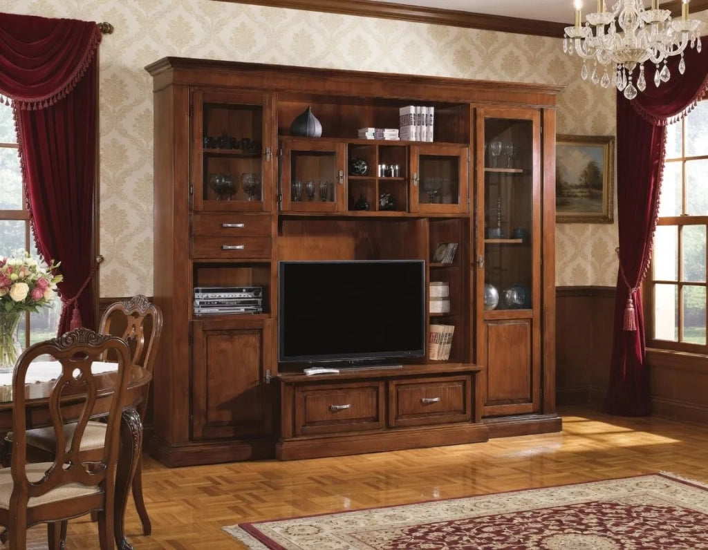 Parete attrezzata porta tv arte povera in legno tinta noce l.283 p.55 h.231 - Mobili 2G
