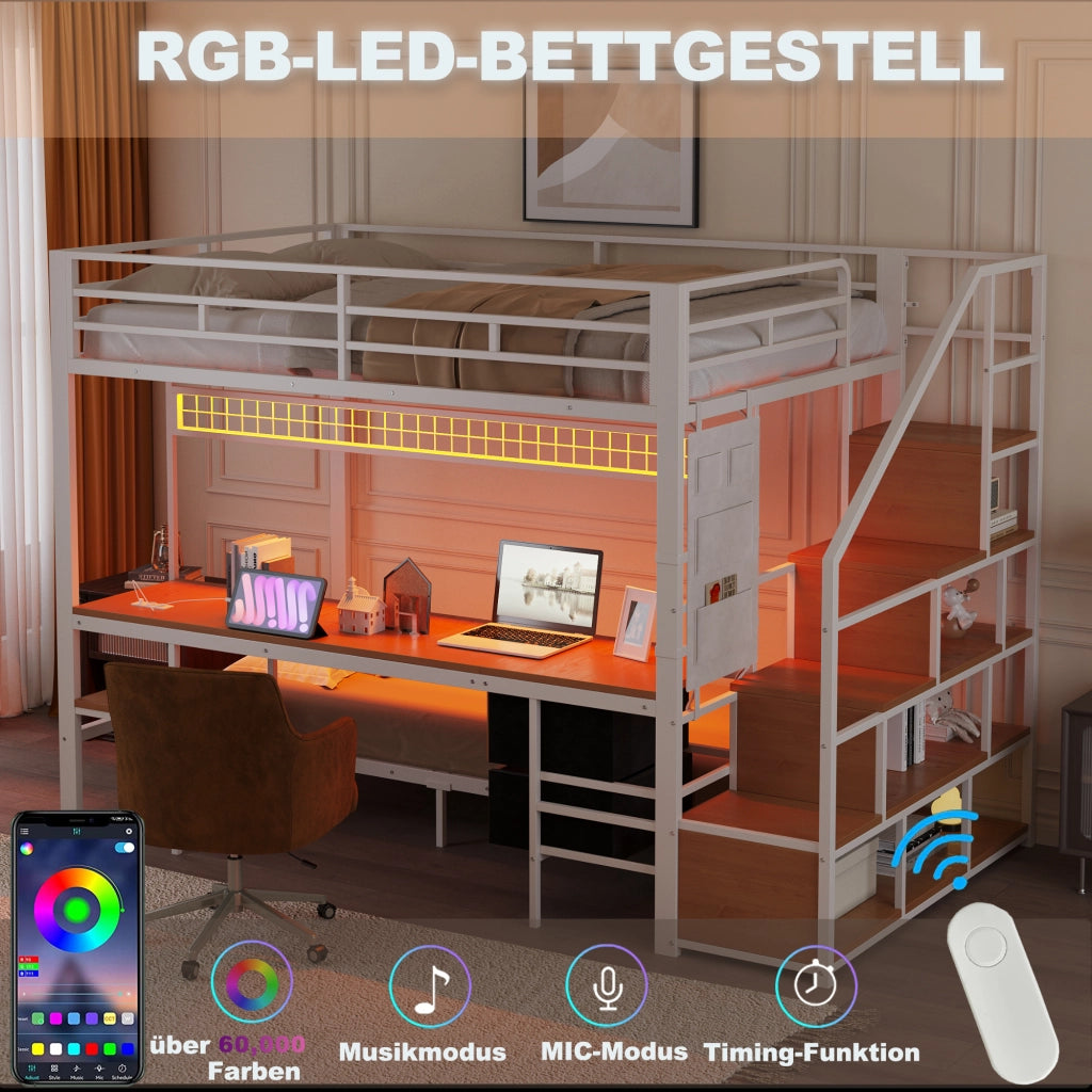 OKWISH Letto a Soppalco 140×200 cm e 90×200 cm, Letto 3 Posti con Scrivania, LED, Prese, Contenitori e Cassetti in Tessuto, senza Materasso, Bianco
