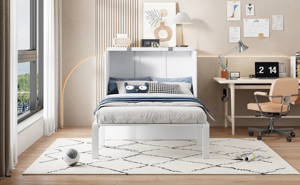 DESMIU Letto a scomparsa 90 × 200 cm 1 posto con vano portaoggetti e piano d'appoggio, senza materasso, bianco