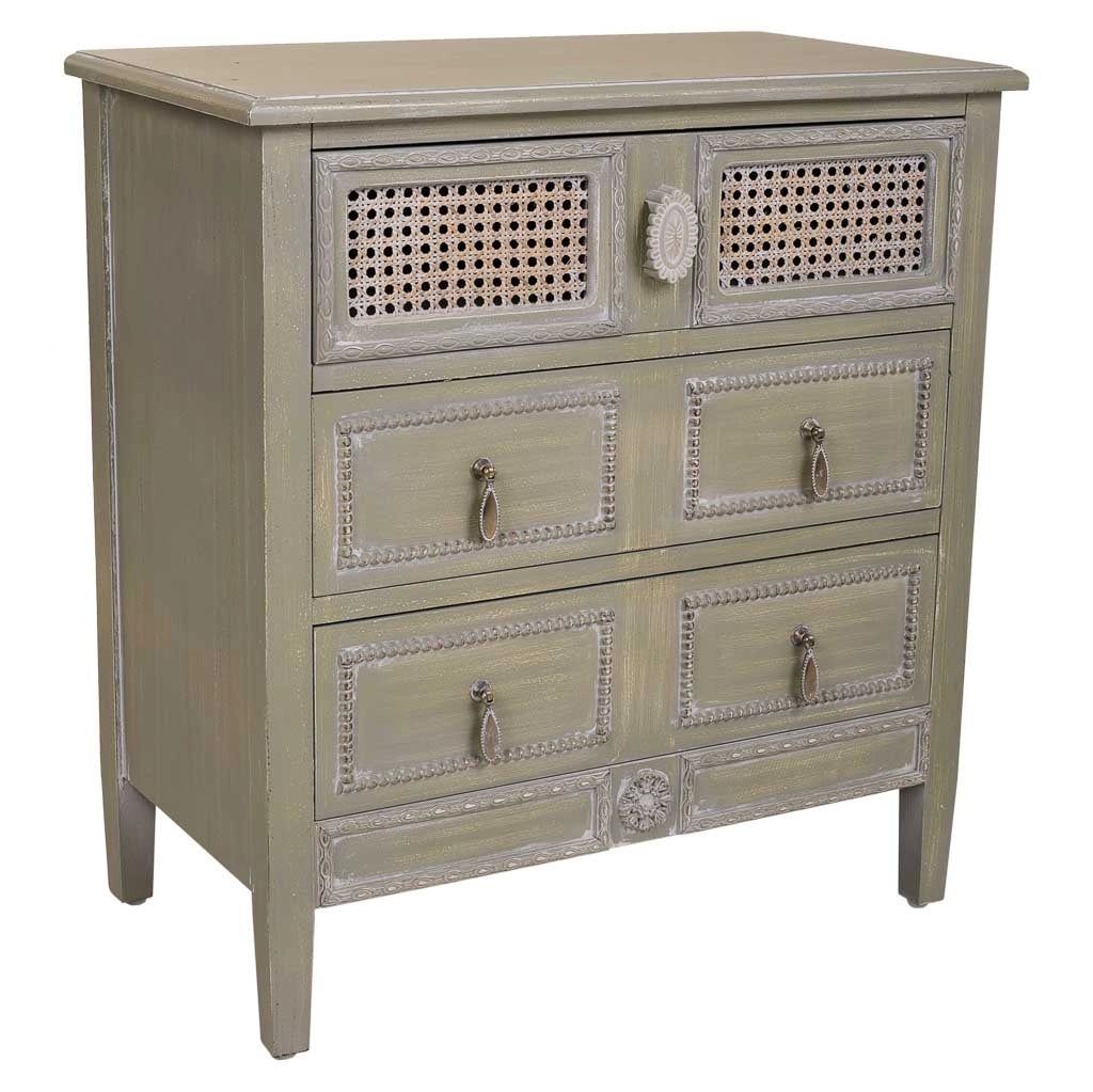 Comodino in legno con 3 cassetti, dimensioni 65x36x70 cm.