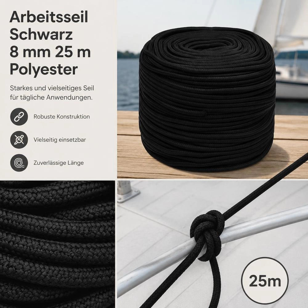 Black Work Rope, 8 Mm, 25 M, Polyester
