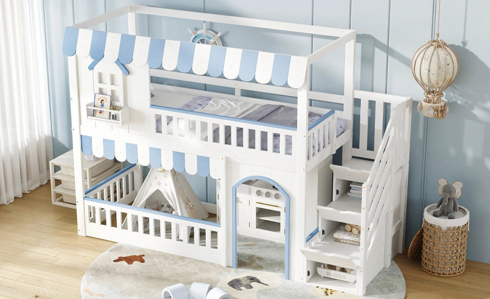 Letto a castello per bambini con armadio a scaletta, struttura in pino e MDF, bianco e blu, 90x200 cm