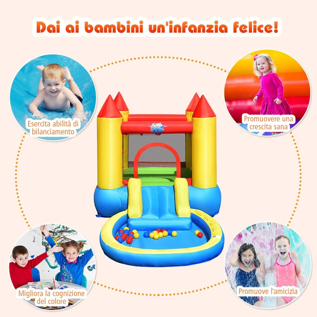 Castello gonfiabile per bambini, Con Scivolo ad Acqua, Trampolino e Piscina, per 2 Bambini di 3-5 Anni, Con Borsa di Trasporto e Kit di Riparazione, 365 x 200 x 190 cm (Senza soffiatore)
