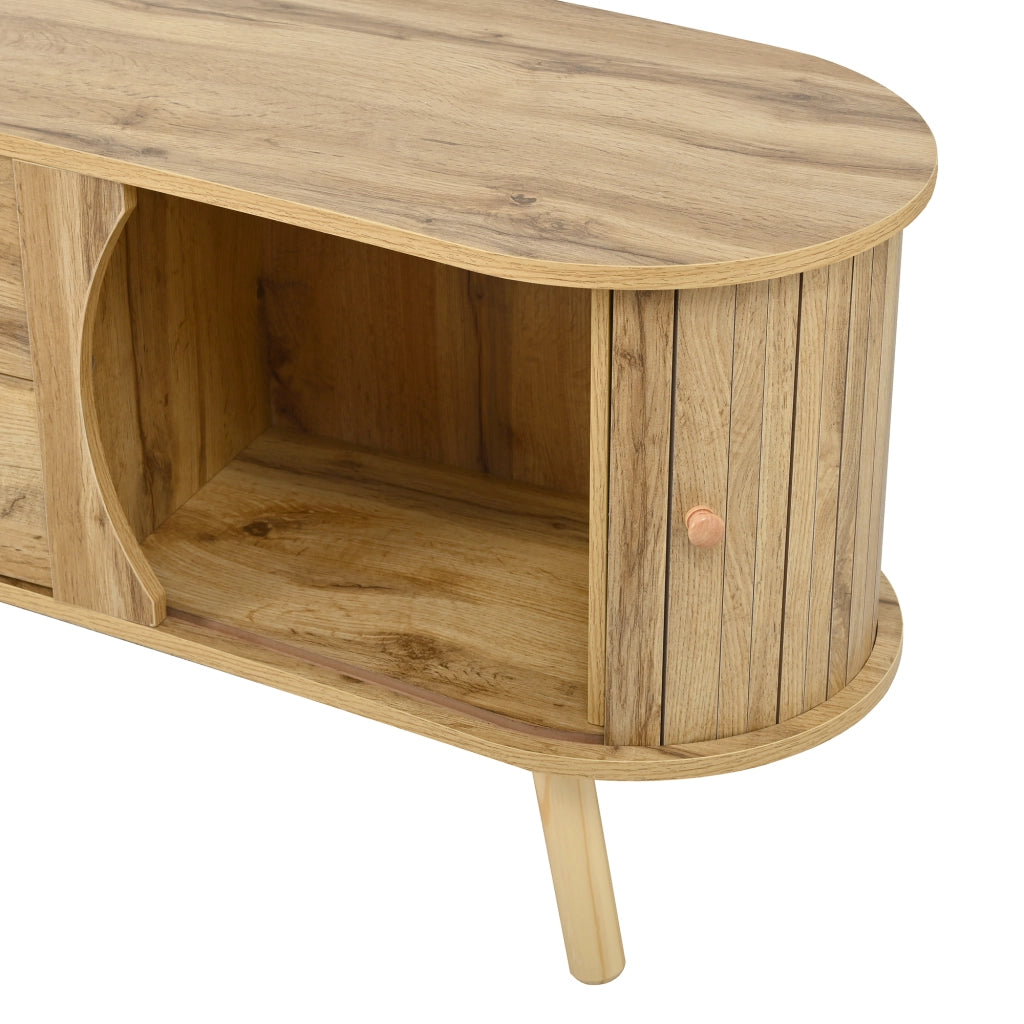 Mobile porta TV con 2 ante scorrevoli e 2 cassetti effetto scanalato verticale per soggiorno naturale 160 × 36,5 × 55 cm
