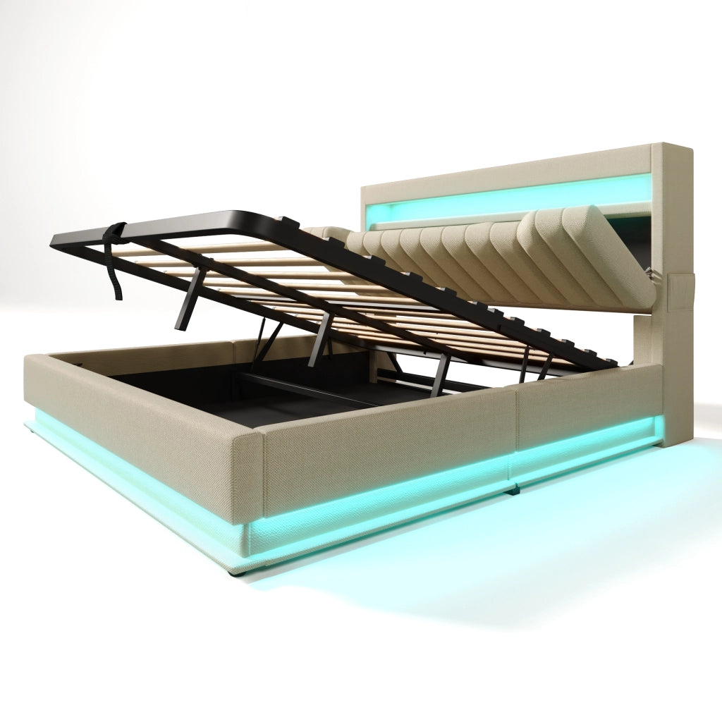 Letti contenitori 140x190 cm con LED e ricarica; lino; beige (Senza materasso)