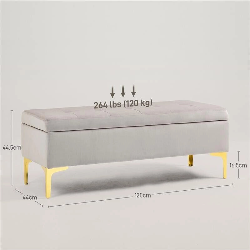 PANCA CONTENITORE FONDO LETTO CON TESSUTO VELLUTATO E GAMBE DORATE, 120X44X44.5CM, GRIGIO CHIARO