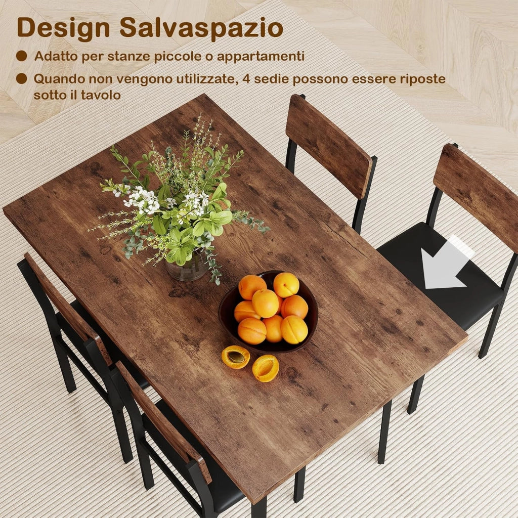 Set da Pranzo 5 Pezzi per 4 Persone, Tavolo da Cucina Industriale e 4 Sedie Imbottite in Pelle Finta con Gambe in Metallo, Set da Pranzo Salvaspazio per Piccoli Appartamenti e Angolo