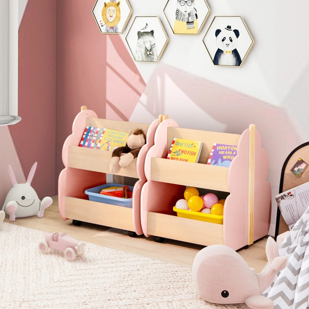 Libreria in legno per bambini con organizzatore di libri, Scaffale di stoccaggio a 2 livelli 52x46x62,5cm Rosa