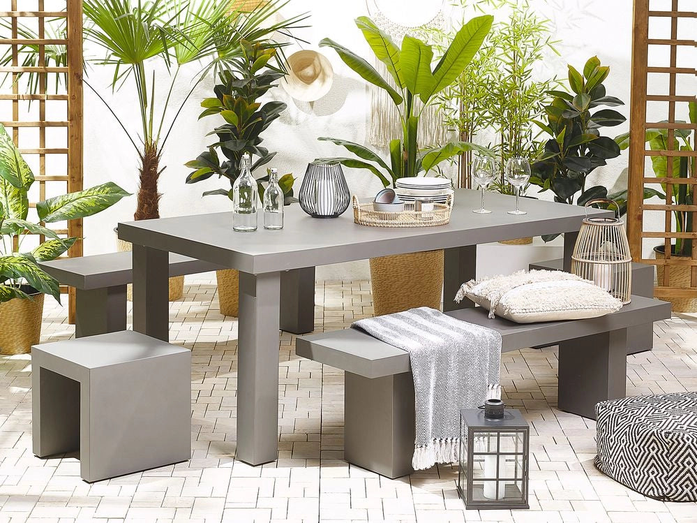 Set da pranzo da giardino Tavolo rettangolare in cemento grigio 2 panche 2 sgabelli 6 posti resistente all'acqua