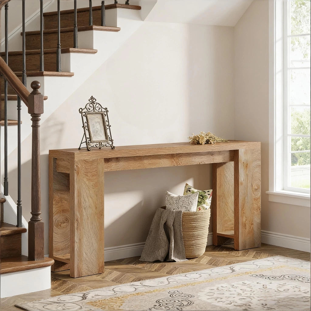Consolle ingresso stretta e lunga stile rustico country in legno marrone per soggiorno e corridoio decorativa