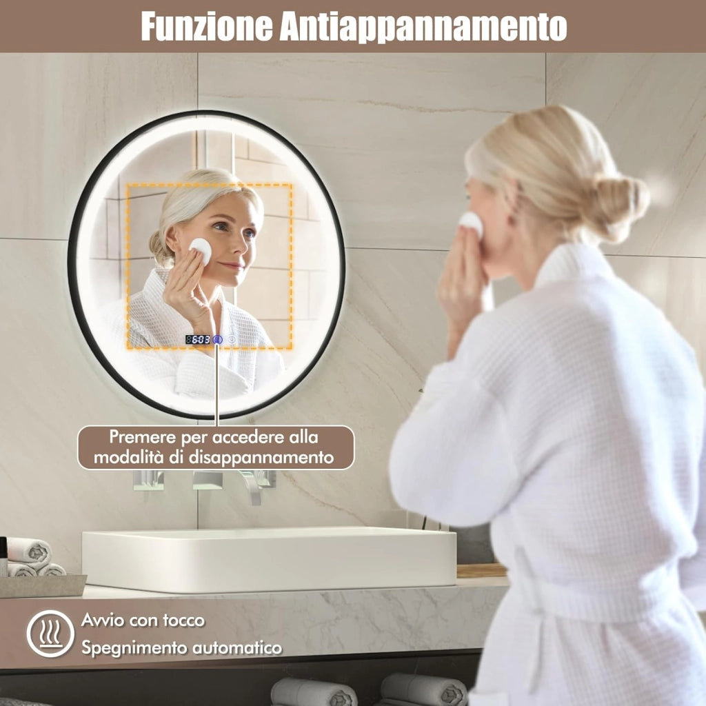 Specchio da Bagno a LED 60x60cm Rotondo, Specchio a Parete con Luce a 3 Colori, 3000-6500K, Dimmerabile, Funzione Anti-appannamento e Memoria, Lettura di Tempo e Temperatura e Antideflagrante