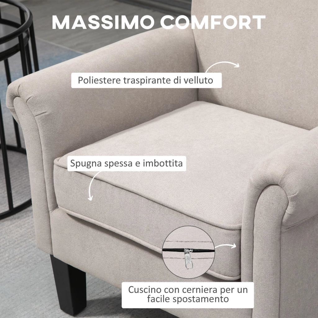 Poltrona d'Arredo in Stile Nordico con Braccioli, in Legno e Poliestere, 79x78x87 cm, Grigio e Marrone