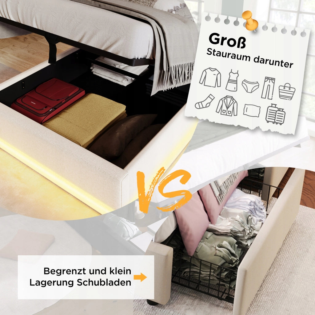 Letto imbottito 90x200 - Xylo - Beige, LED, USB-C, idraulico