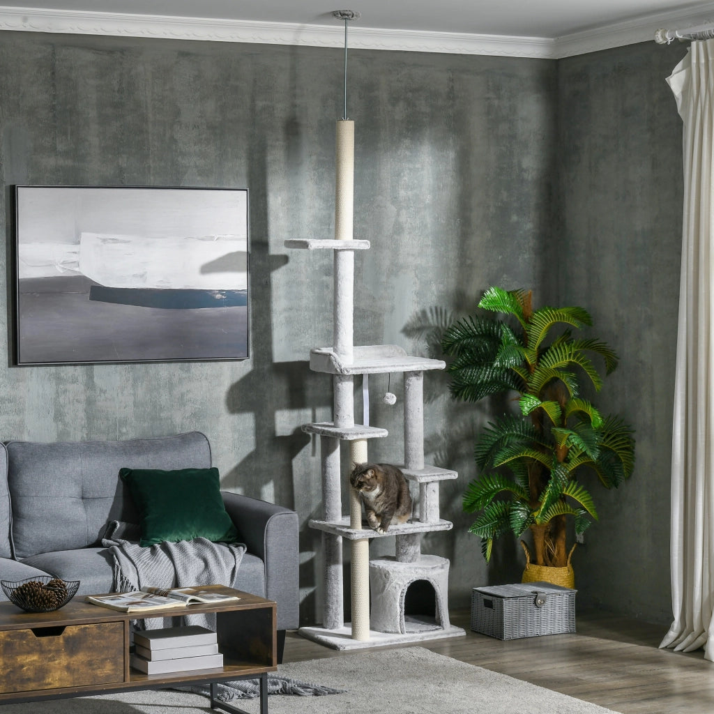 Albero Tiragraffi per Gatti a Soffitto con Piattaforme e Casetta, 60x40x225-255cm, Grigio