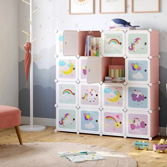 Organizzatore di archiviazione a 16 cubi - Sistema di organizzazione per armadi - Système de stockage modulare - Pannelli in polipropilene - Struttura in metallo - Connettori in ABS - Dimensioni 153 cm x 31 cm x 153 cm