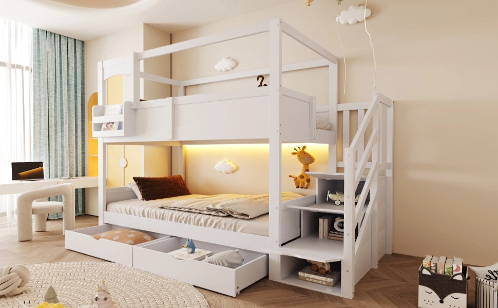 Letto a castello per bambini a forma di casa con lavagna, scala e cassetti, 90x200 cm, bianco
