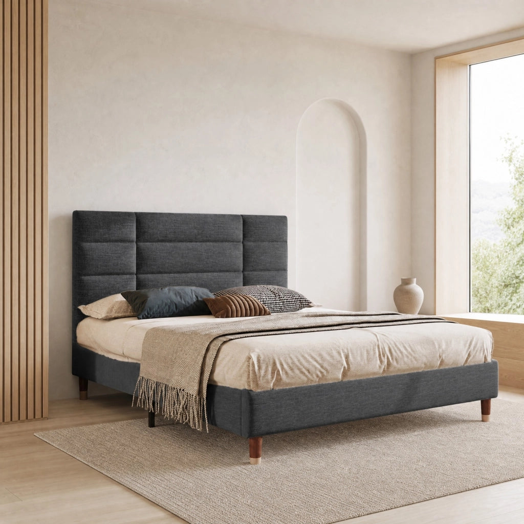 Letto imbottito matrimoniale 140x200 cm con rete a doghe, testiera in lino grigio, struttura salvaspazio per adulti e ragazzi