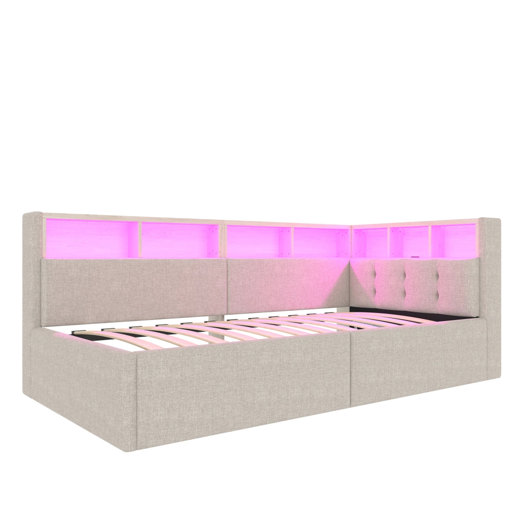 Letto Giorno - Zephmum- 90¡Á200 cm, beige, USB/Type-C, illuminazione LED, idraulico