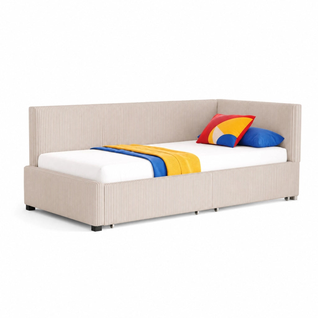 Divano letto classico in velluto; 90x200 cm; con 2 cassetti contenitore; beige