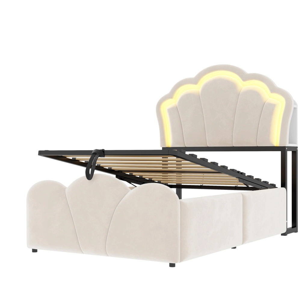 Letto imbottito 90x200 cm con vano contenitore idraulico e LED beige