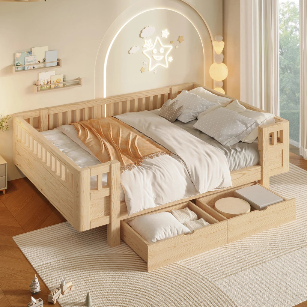 Letto 140x200 in Legno con Due Cassetti e Sponde Alte per Bambini