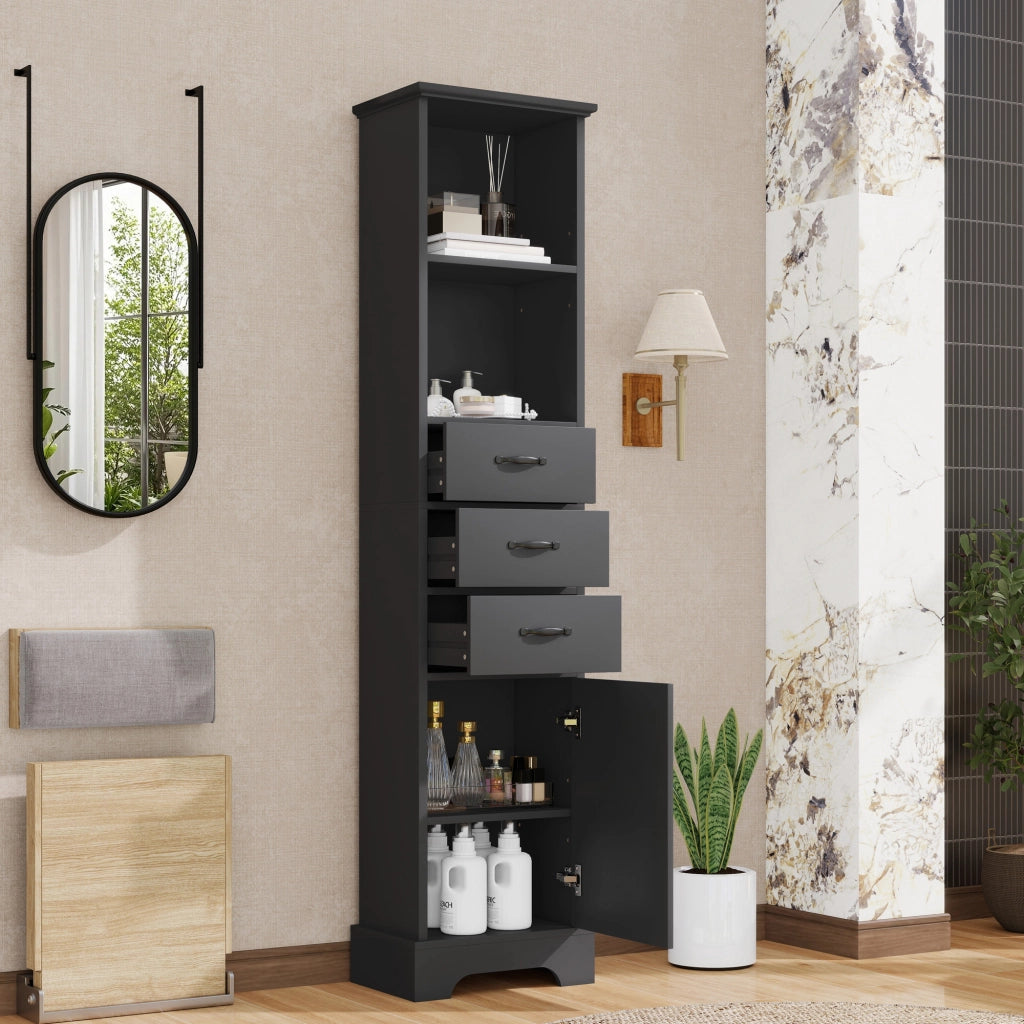 Mobile bagno alto 38 x 26 x 172,5 cm in MDF nero, con 3 cassetti, ripiani aperti e anta, finitura laccata resistente all¡¯umidit¨¤
