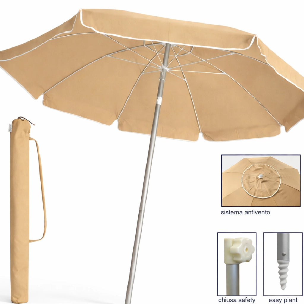 Ombrellone Mare Spiaggia 200 cm Antivento Alluminio UV50+ Inclinabile con Custodia e Trivella