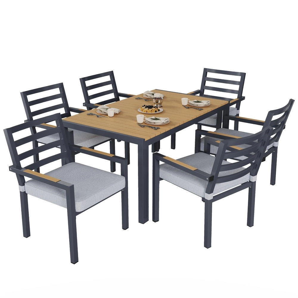 Set da Pranzo da Giardino 6 Posti ¨C Xylo ¨C Tavolo e 6 Sedie, Ferro Zincato, Piano Effetto Legno, Grigio