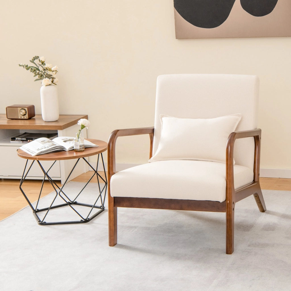 Poltrona imbottita con cuscino lombare e telaio in legno di gomma-Sedia lounge con piedini antiscivolo Beige