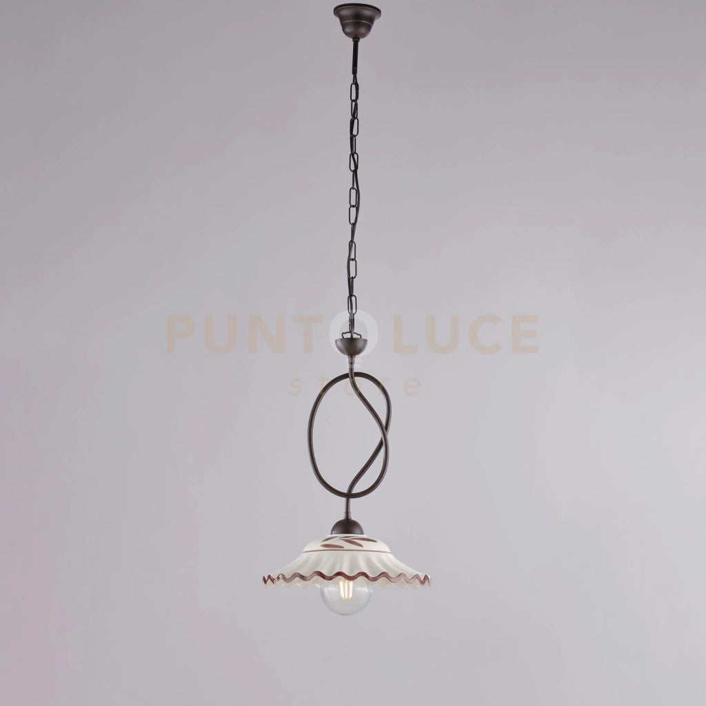 Lampadario in ferro laccato nero e decorazione effetto ruggine con diffusore in ceramica diametro 30 bianco e marrone 1 luce