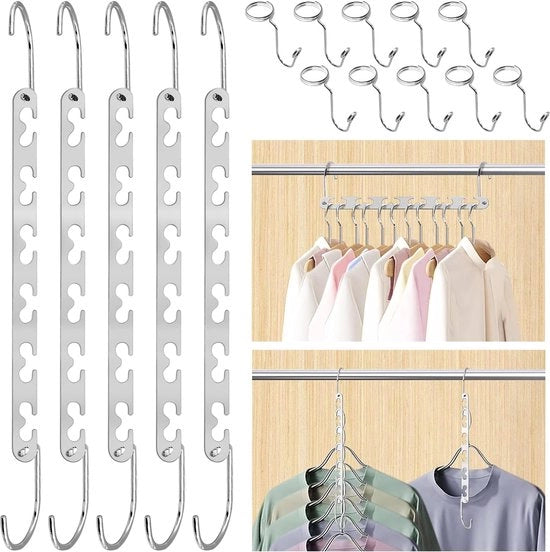 5 pezzi di Hangers in metallo con 10 connettori per ridurre lo spazio con hanger per armadio e guardaroba abbinamento per vestiti e giacche.
