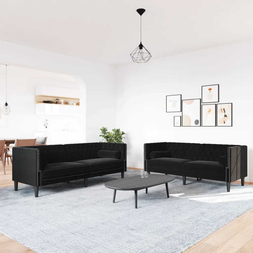 vidaXL Set Divani Chesterfield 2pz con Cuscini Nero Velluto