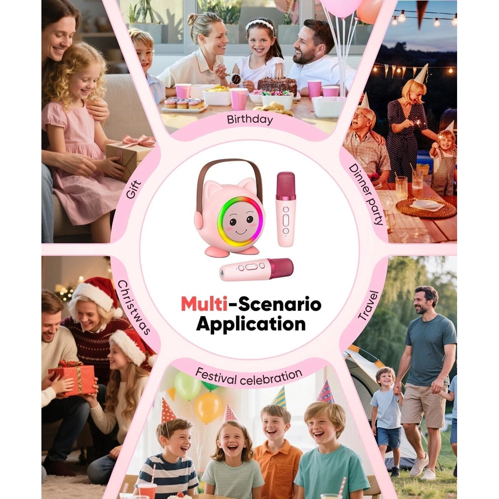 Trade Shop - Mini Cassa Bluetooth Portatile Con 2 Microfoni Wireless Karaoke Per Bambini Ragazze Regalo -