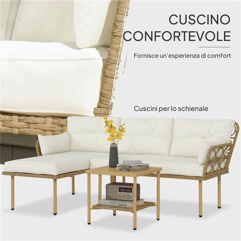 SET DA GIARDINO 3PZ CON CHAISE LONGUE, DIVANETTO, CUSCINI E TAVOLINO, IN RATTAN E ACCIAIO, BIANCO CREMA E LEGNO