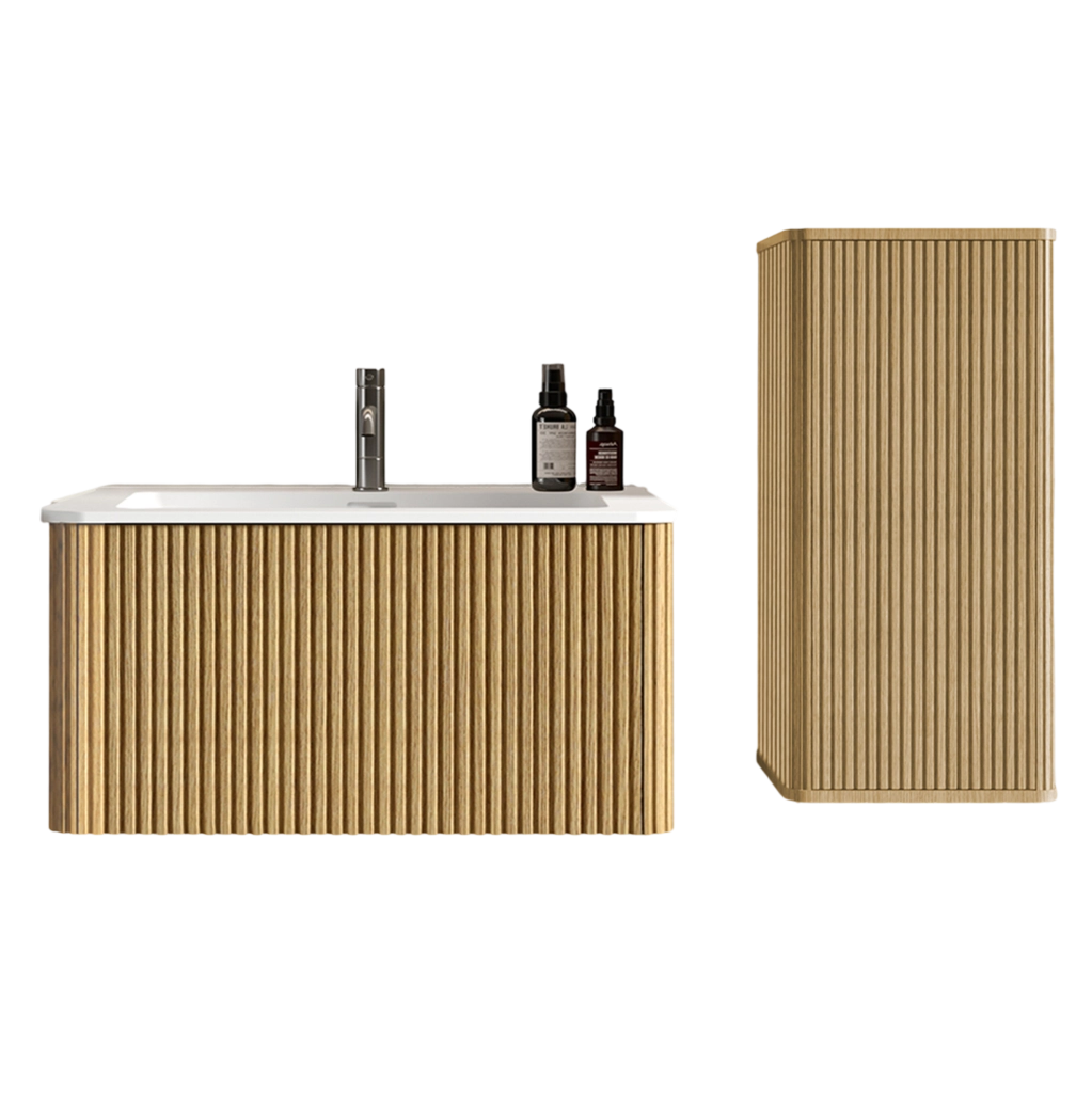 Set mobili bagno rovere con lavabo in Solid Surface e colonna