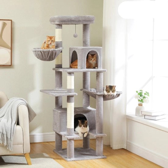Arbusto per Gatti - XL - 168 cm Alto - Adatto per Interni - Solido e Stabile - Grigio - Con 2 Case per Gatti e Sedia a Sostegno in Sisal - Piattaforma in Metallo - Multi Livelli