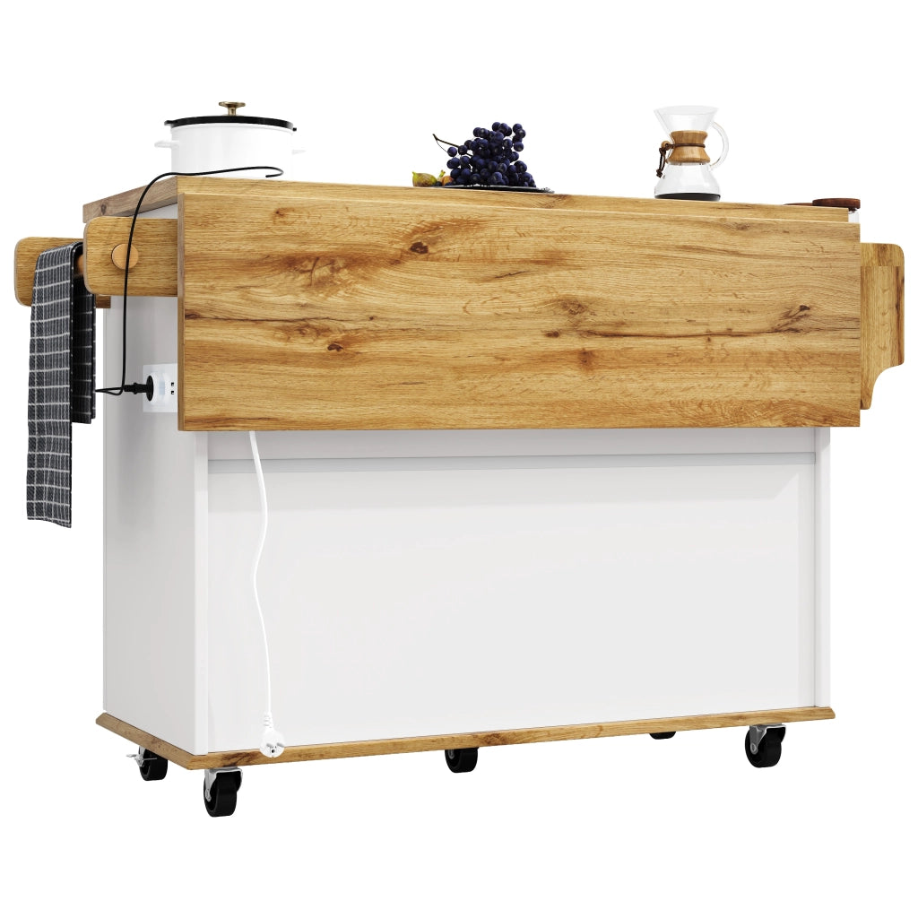 Isola da cucina con rotelle, piano ribaltabile, 3 cassetti, presa di corrente, finitura effetto legno, bianco