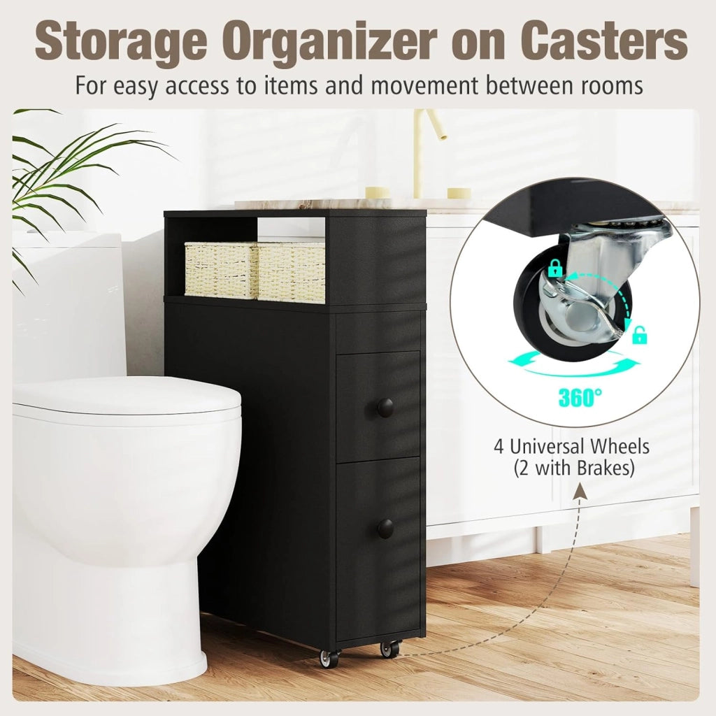 Carrello Stretto Sottile Salvaspazio Cucina Bagno da 19 cm, con 2 Cassetti e 2 Cestini di Vimini, Carrello Arrotolabile, Slim, 19 x 50 x 72 cm, Bianco/Nero (Nero)
